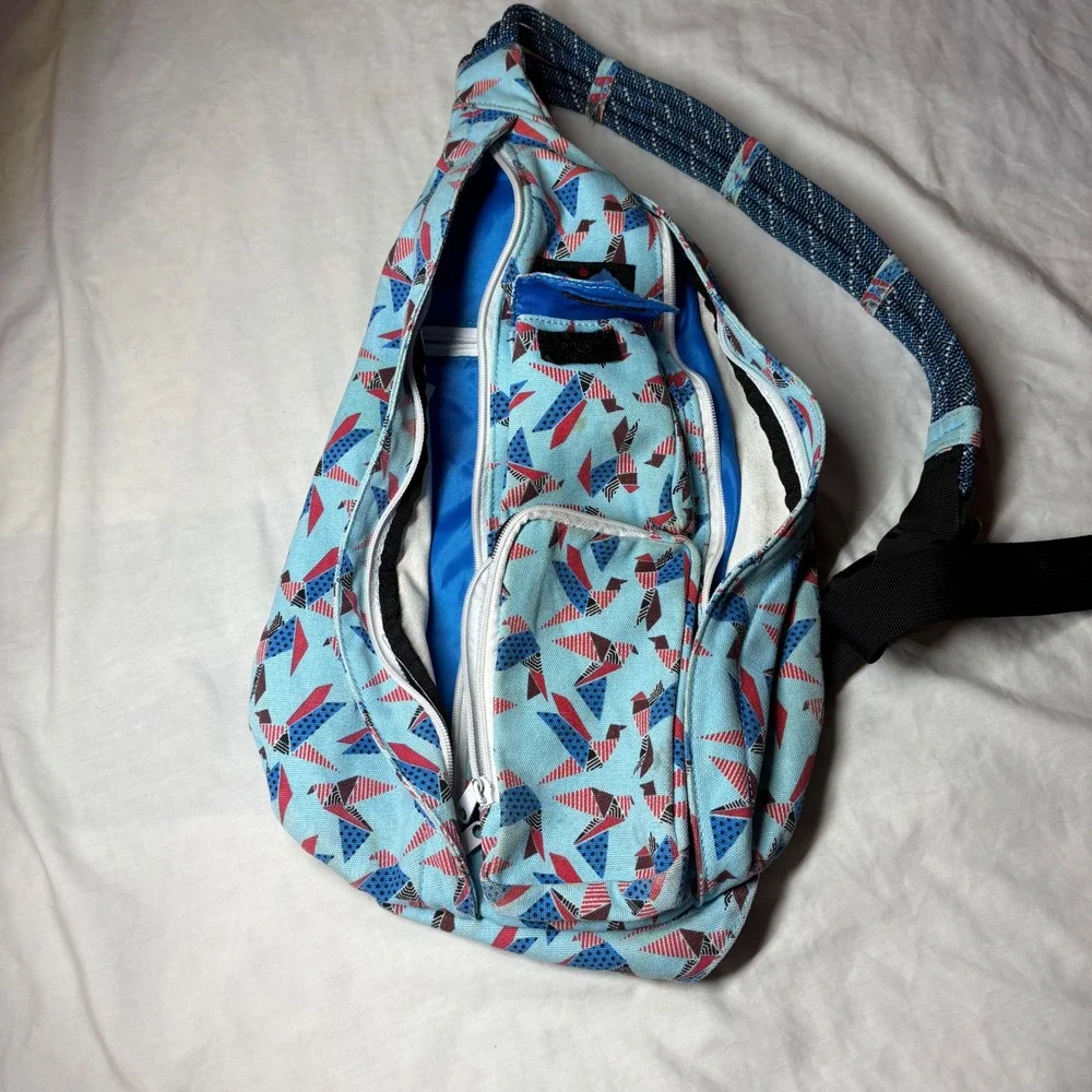 KAVU Rope Bag Sling Backpack Blue Origami Bird Print Cotton Canvas Outdoor